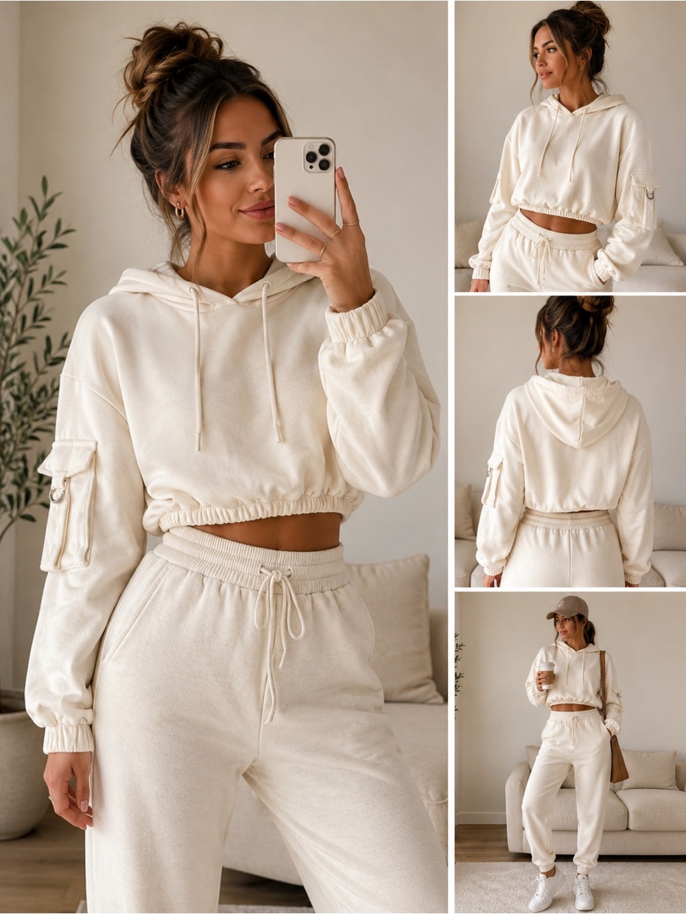 Cream Cropped Utility Hoodie Cargo Pocket Long Sleeve Pullover Boutique chic